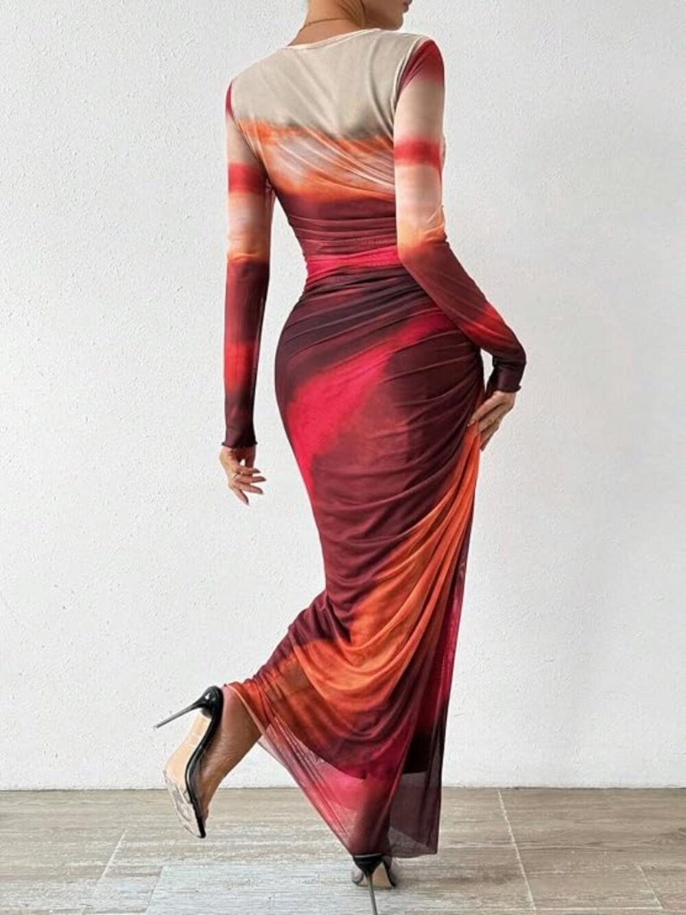 Women's Tie Dye Long Sleeve Maxi Dress Mesh Bodycon Ruched Dress - Size: Small - Picture 2 of 14